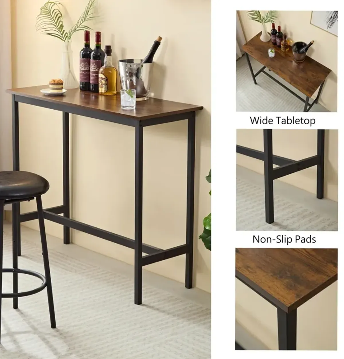 Soft Bag Bar Stool And Dining Table 3 Piece Set, Bar Chair With Backrest, Counter Bar Table, Small Square Table, Suitable For Kitchen - Antique Brown / Black