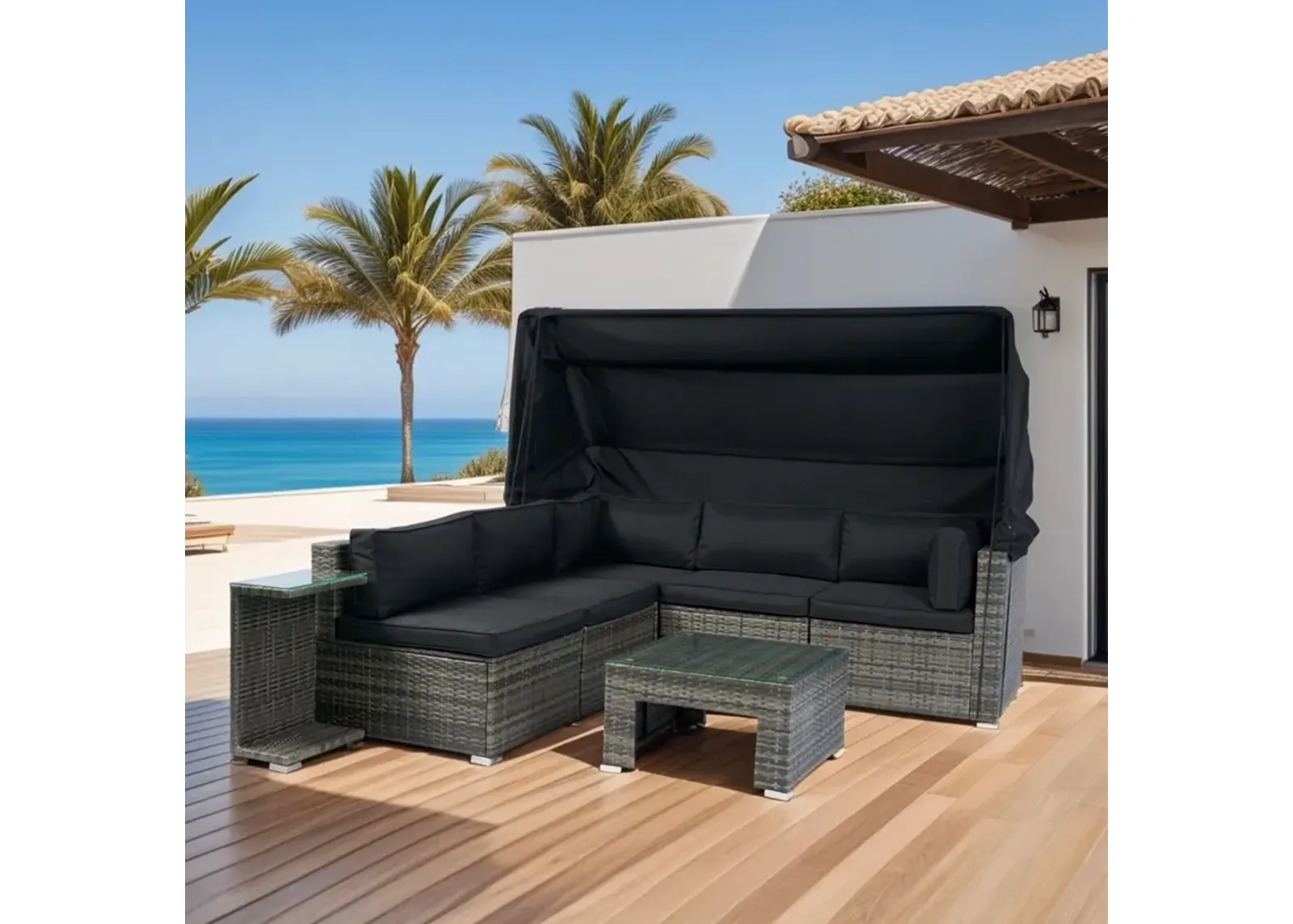 7 Piece Patio Furniture Set With Retractable Canopy Wicker Rattan Sectional Sofa Set Patio Furniture With Washable Cushions For Lawn, Garden, Backyard, Poolside Wicker And Cushion - Gray / Black