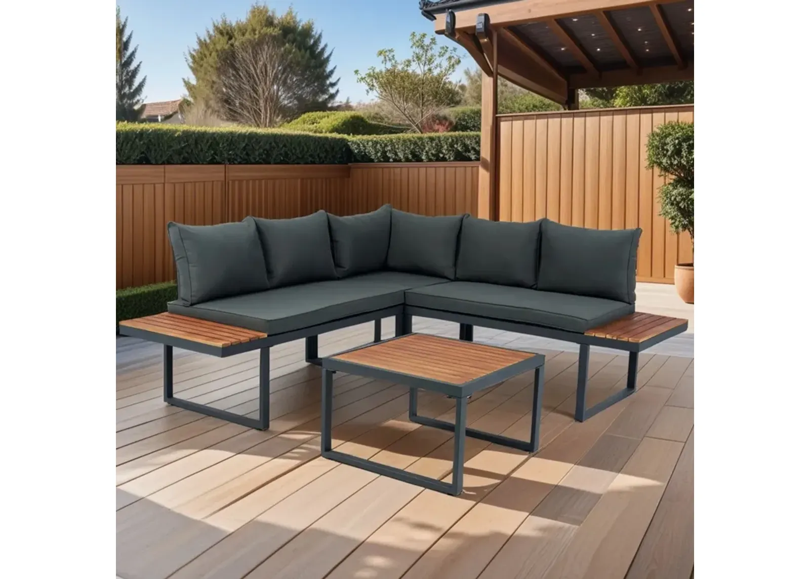 4 Piece L-Shaped Patio Wicker Outdoor 5 Seater Sectional Sofa Seating Group Conversation Sets With Side Table & Cushions - Dark Gray