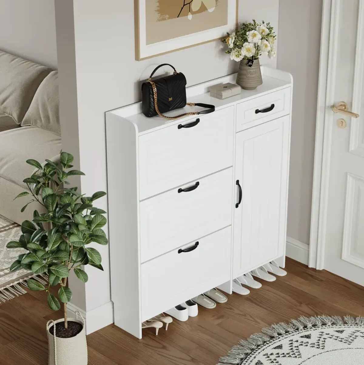 Shoe Cabinet With 4 Doors 1 Drawers, PVC Door With Shape, Large Space For Storage - White