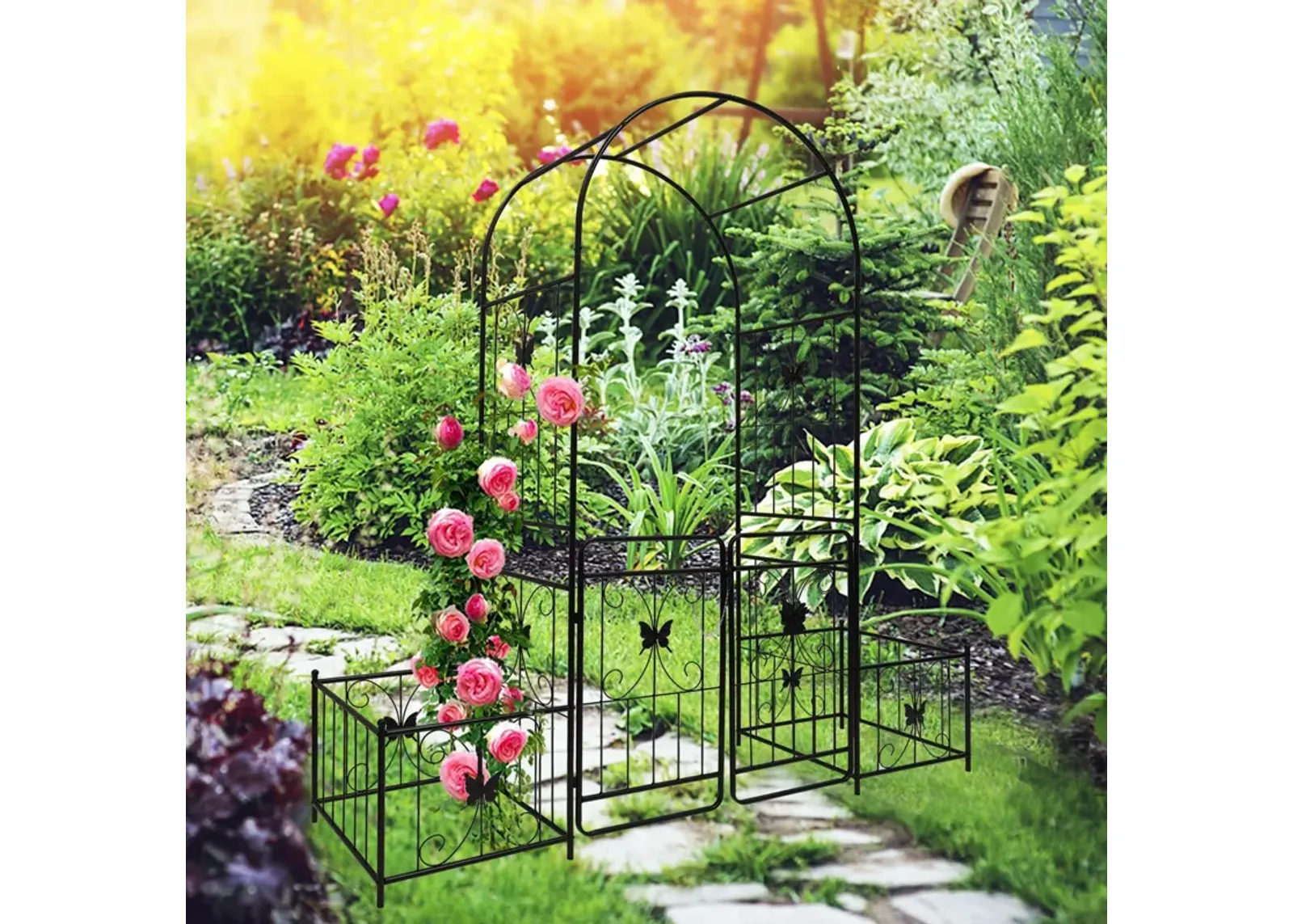 Metal Garden Arch With Gate High Climbing Plants Support Rose Arch Outdoor - Black