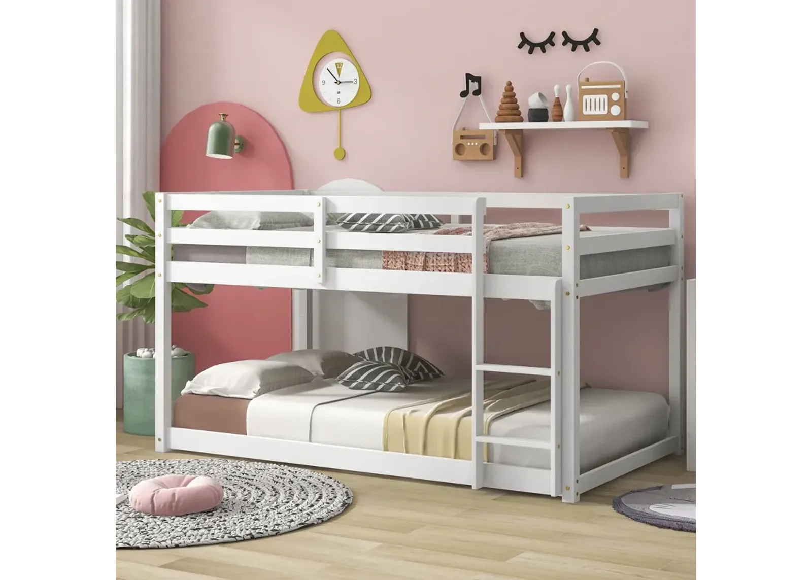 Twin Over Twin Floor Bunk Bed Comfortable - White