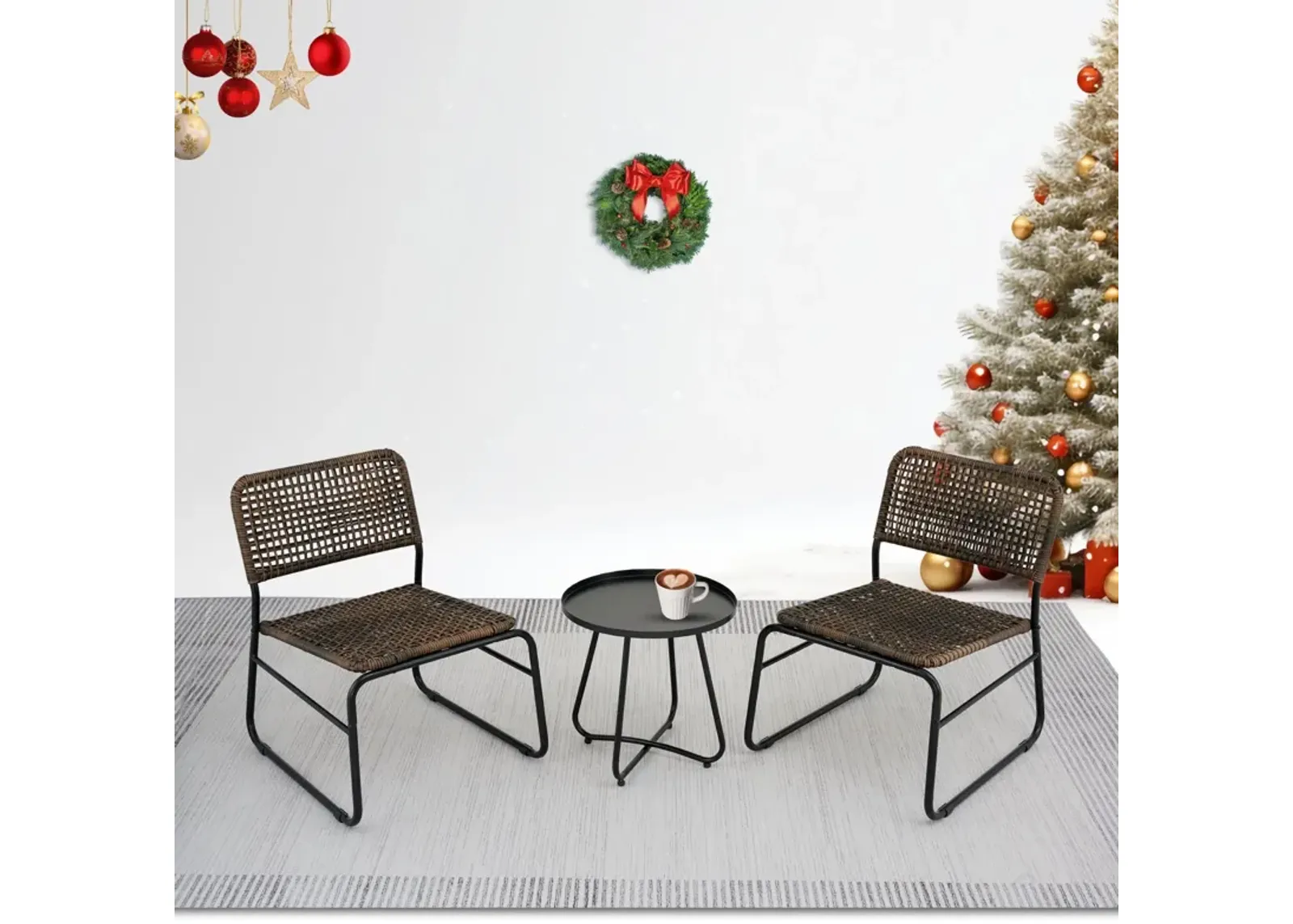 Patio Furniture Set 3 Piece Mixture Pattern PE Rattan Steel Frame And Modern Round Table - Brown / Black