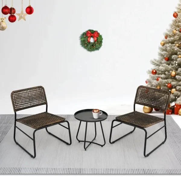 Patio Furniture Set 3 Piece Mixture Pattern PE Rattan Steel Frame And Modern Round Table - Brown / Black
