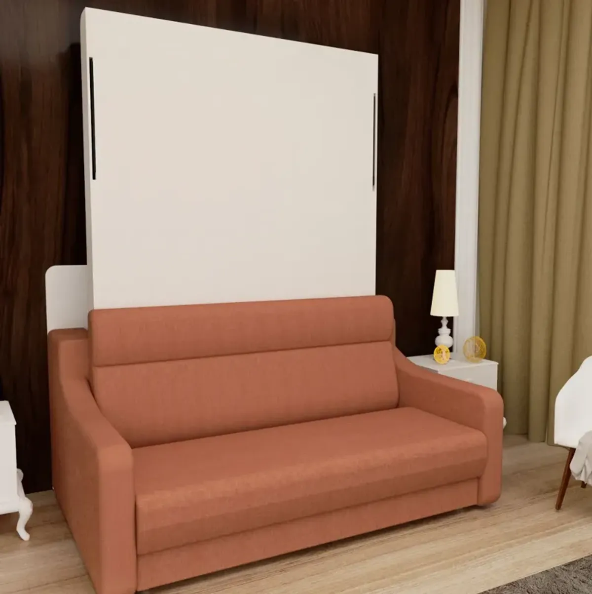 Morden Deisgn Vertical Murphy Bed With Sofa For Bedroom Or Guestroom White Wall Bed Space Saving Hidden Bed With New Style Gas Struts - Orange