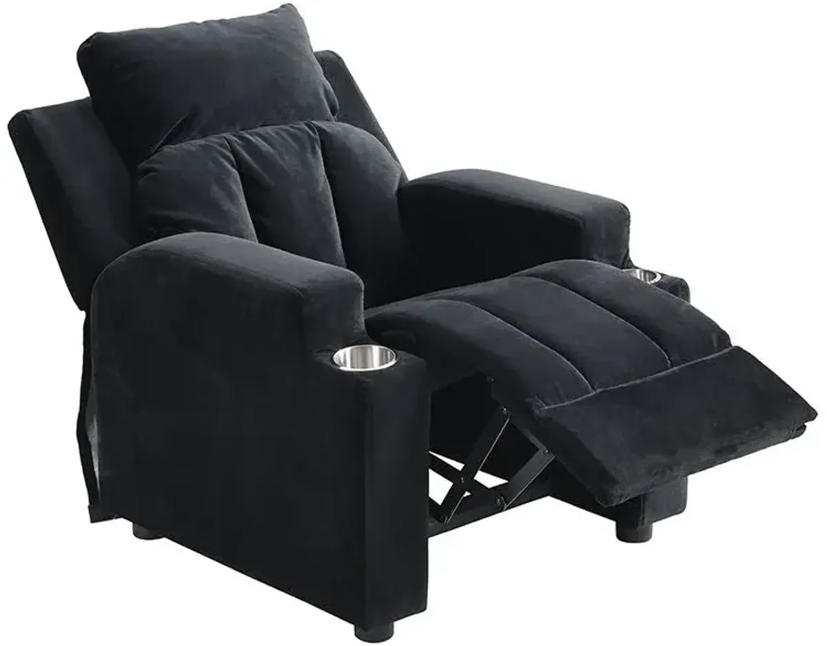 Kids Recliner Chair, Kids Upholstered Couch With One Cup Holder, Toddlers Recliner With Headrest And Footrest - Black