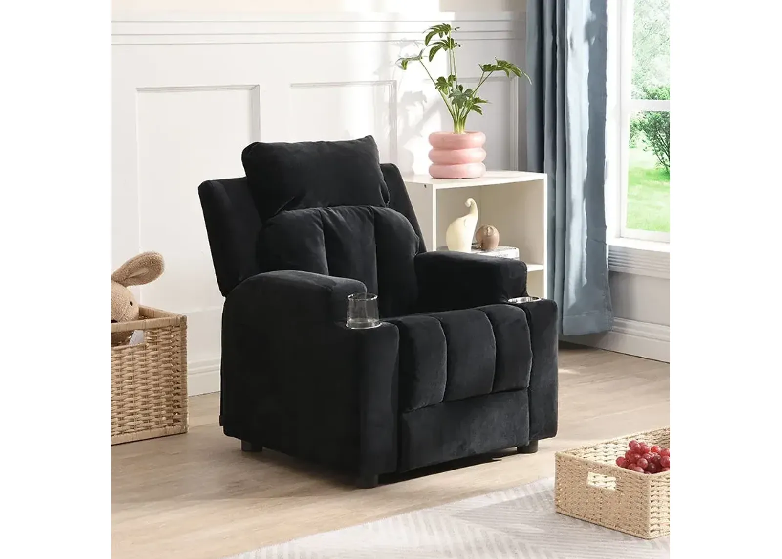 Kids Recliner Chair, Kids Upholstered Couch With One Cup Holder, Toddlers Recliner With Headrest And Footrest - Black