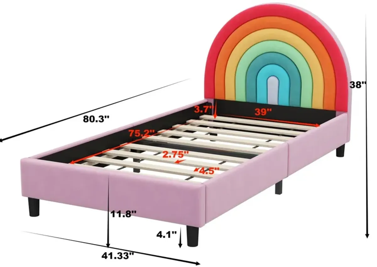 Rainbow Design Upholstered Twin Platform Bed Cute Style Princess Bed For Boys & Girls, Teens - Colorful / Pink