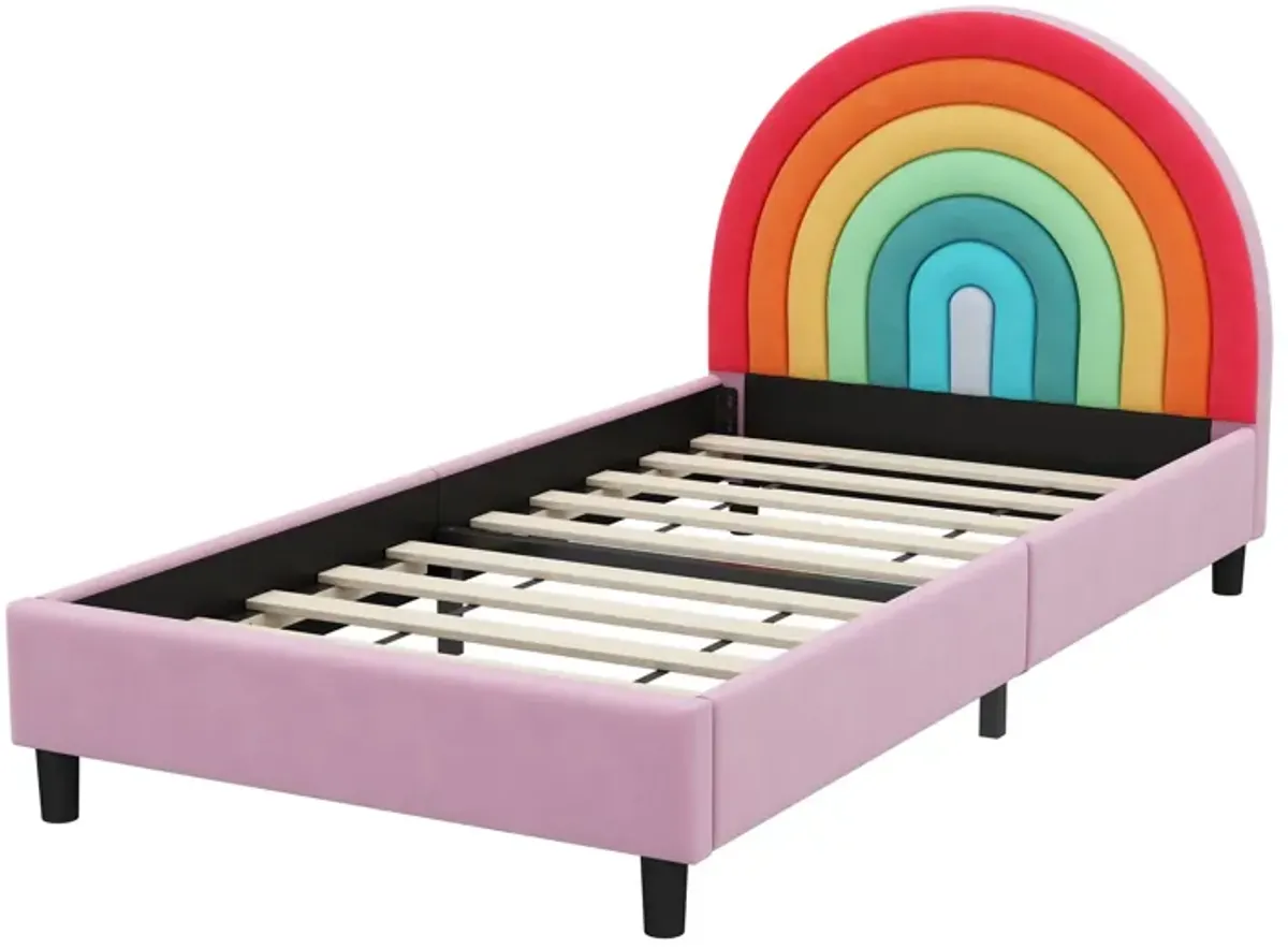 Rainbow Design Upholstered Twin Platform Bed Cute Style Princess Bed For Boys & Girls, Teens - Colorful / Pink