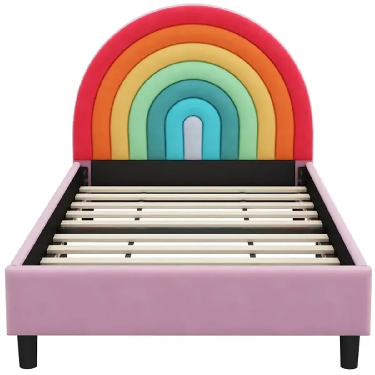 Rainbow Design Upholstered Twin Platform Bed Cute Style Princess Bed For Boys & Girls, Teens - Colorful / Pink