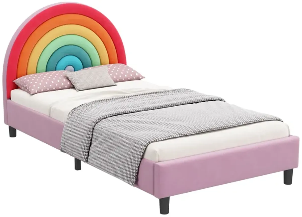 Rainbow Design Upholstered Twin Platform Bed Cute Style Princess Bed For Boys & Girls, Teens - Colorful / Pink