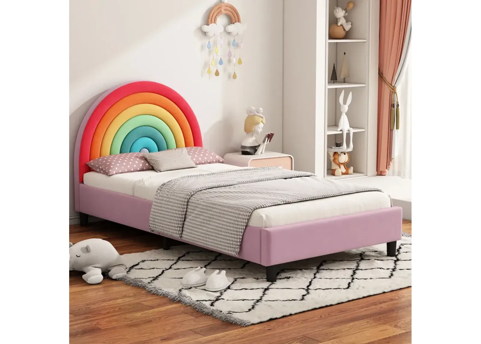 Rainbow Design Upholstered Twin Platform Bed Cute Style Princess Bed For Boys & Girls, Teens - Colorful / Pink