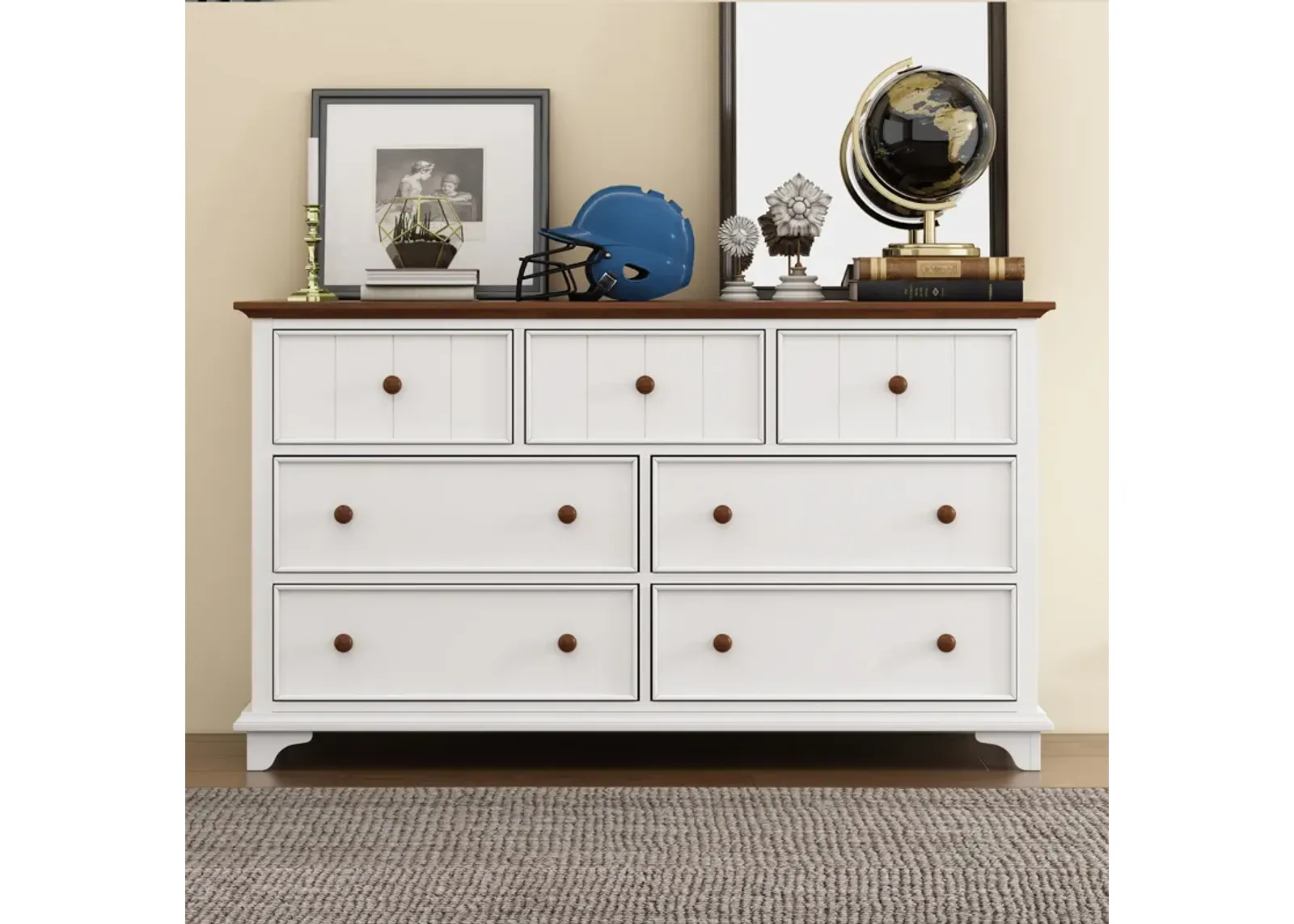 Wooden Captain Seven Drawer Dresser For Bedroom, Living Room, Kids' Room - White / Walnut