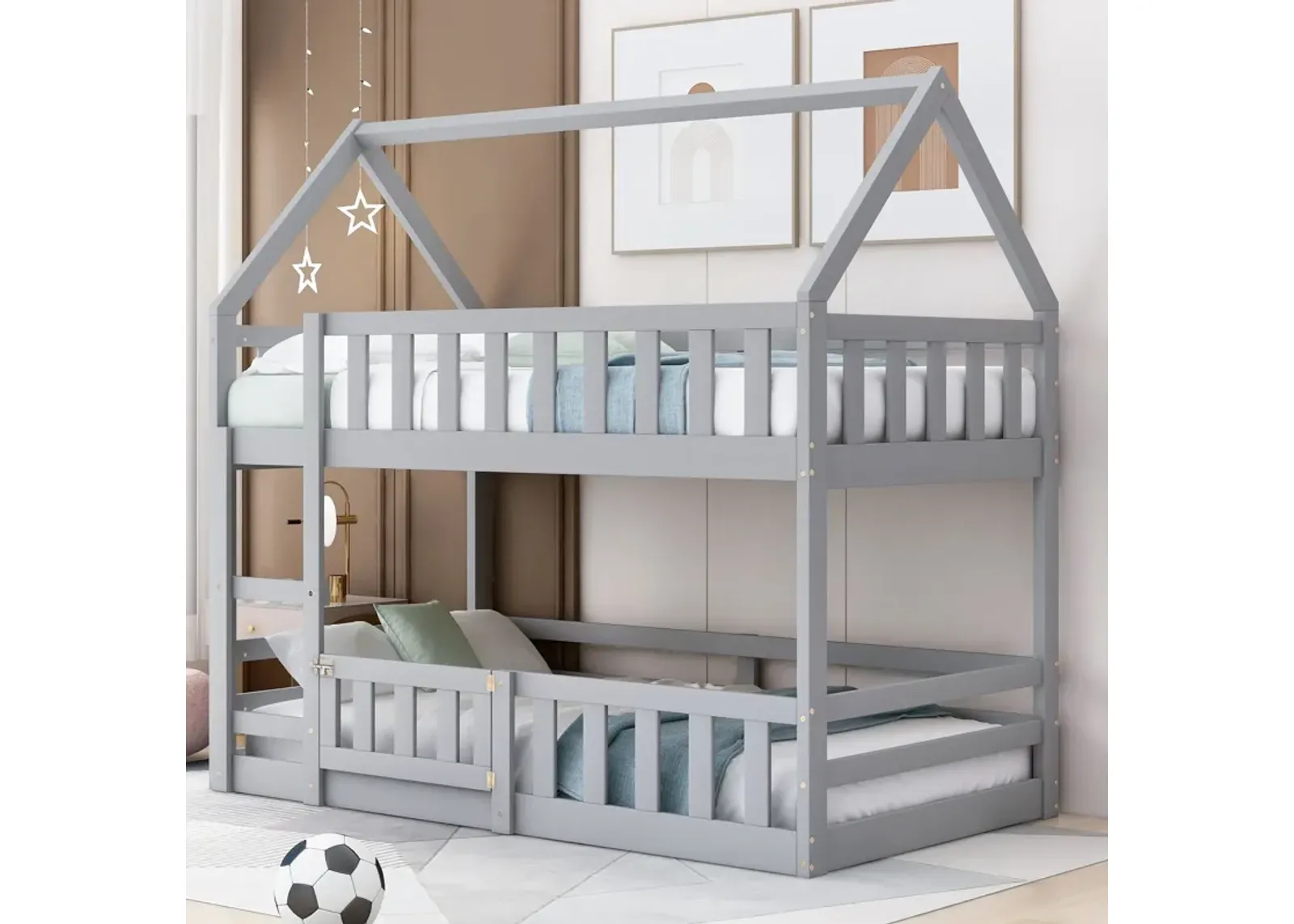 Twin Over Twin House Bunk Bed With Fence And Door - Gray