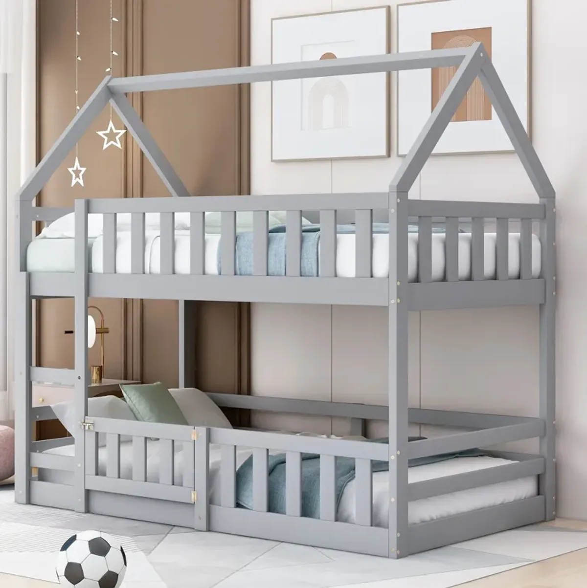 Twin Over Twin House Bunk Bed With Fence And Door - Gray