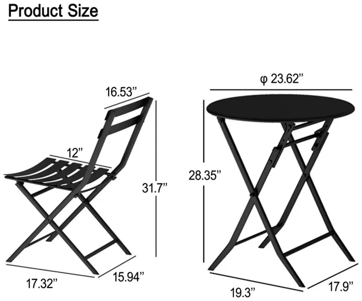 3 Piece Patio Bistro Set Of Foldable Round Table And Chairs