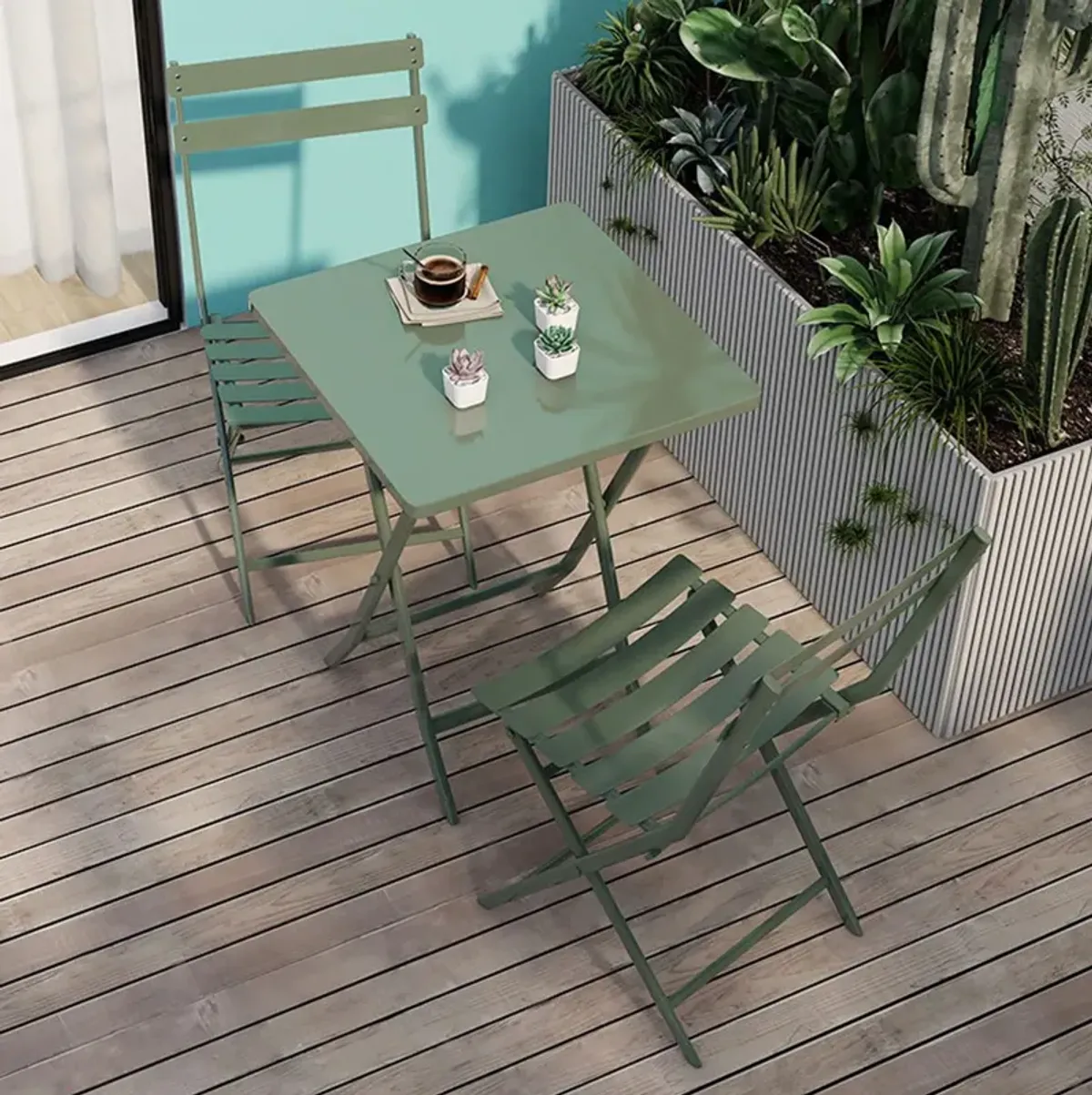 3 Piece Patio Bistro Set Of Foldable Square Table And Chairs