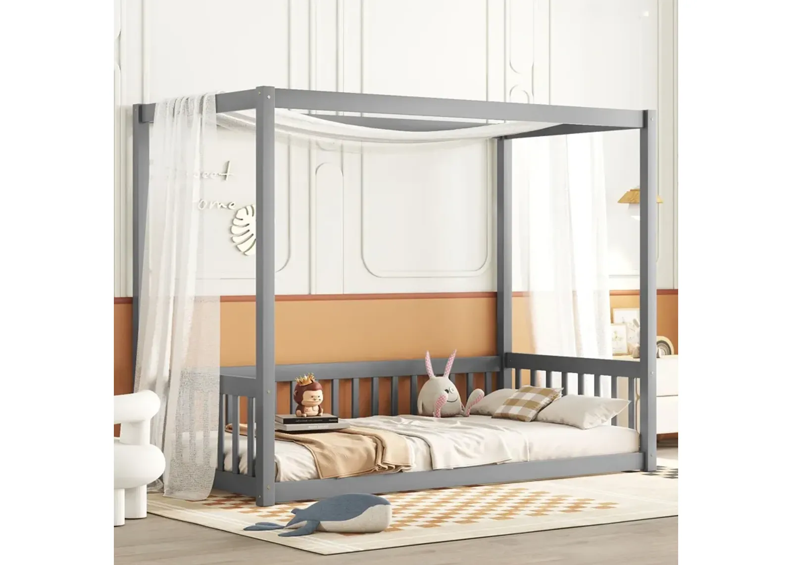 Canopy Frame Floor Bed With Fence, Guardrails