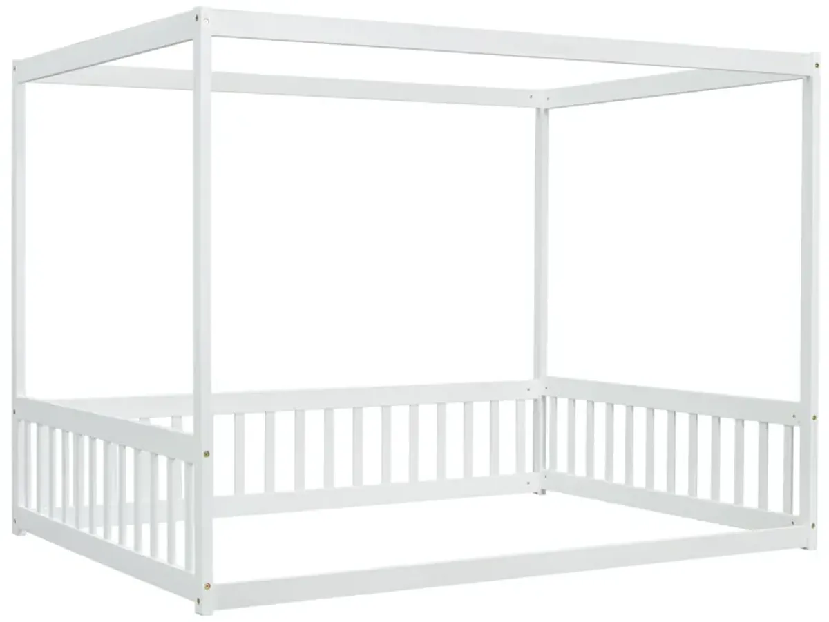 Canopy Frame Floor Bed With Fence, Guardrails