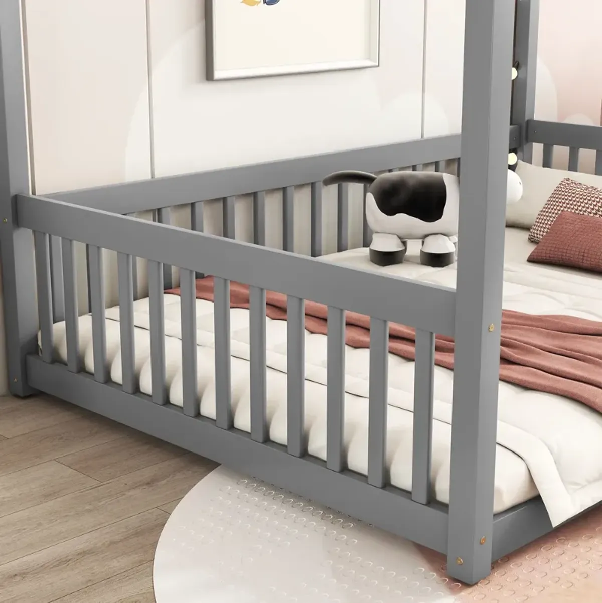 Canopy Frame Floor Bed With Fence, Guardrails