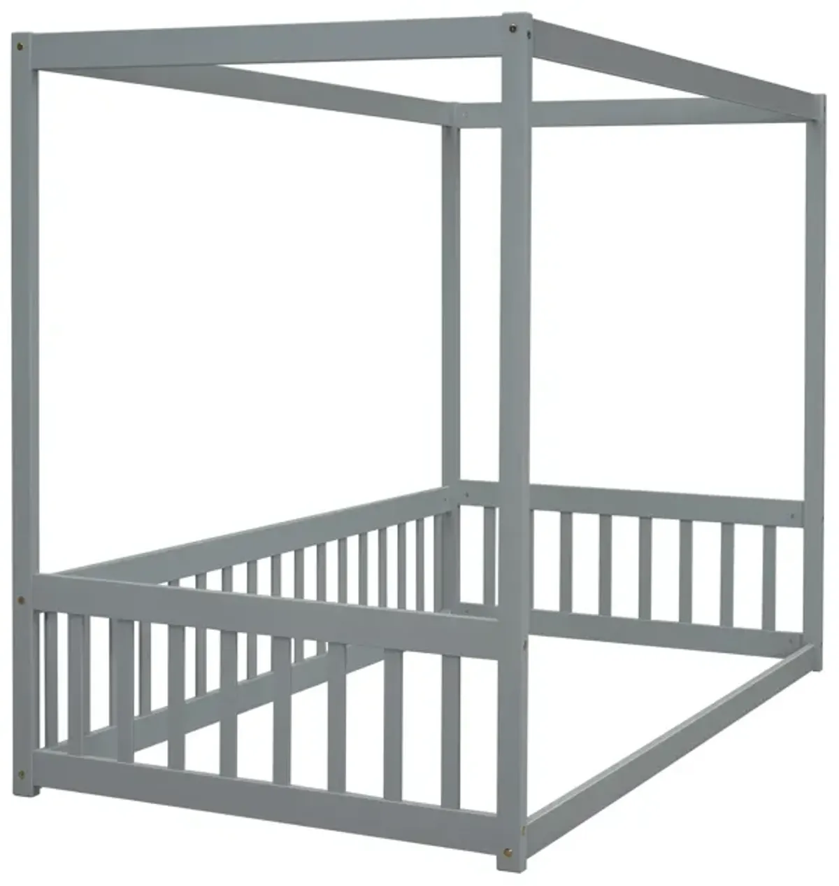 Canopy Frame Floor Bed With Fence, Guardrails