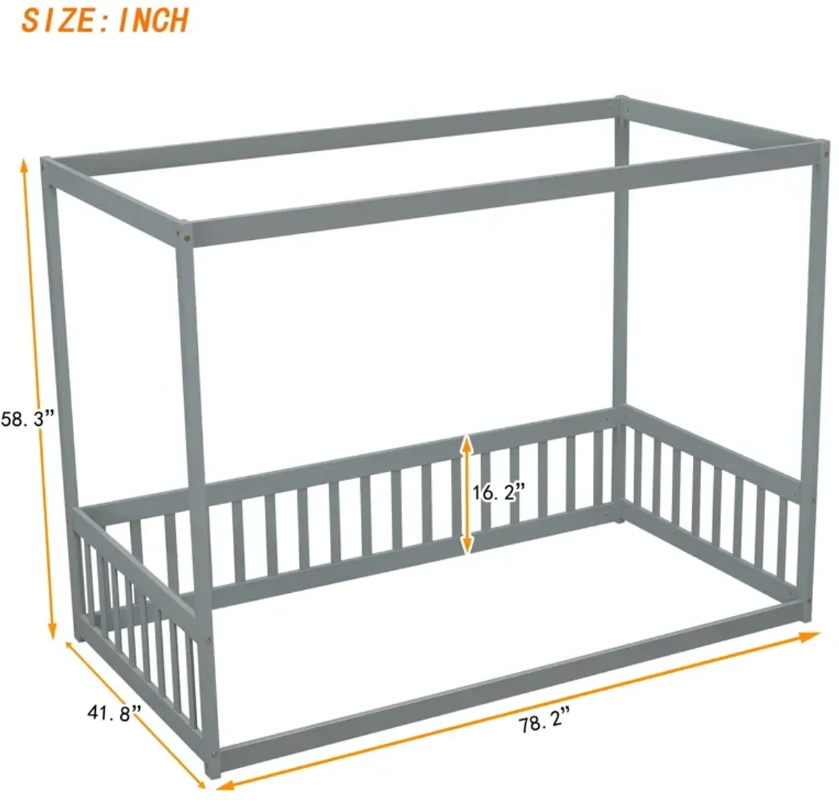 Canopy Frame Floor Bed With Fence, Guardrails