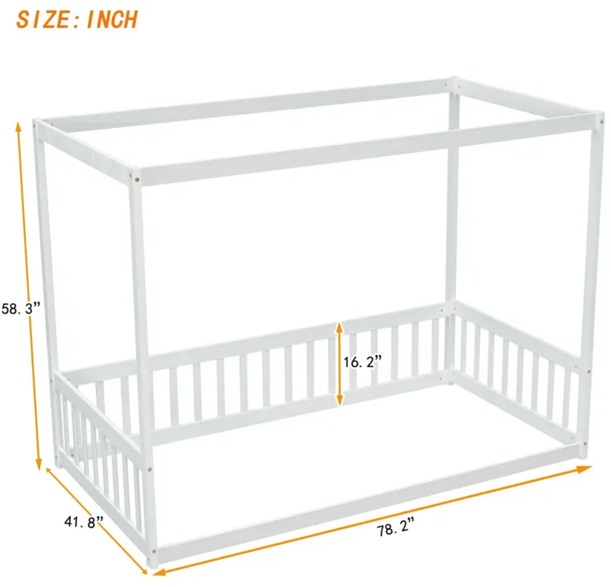 Canopy Frame Floor Bed With Fence, Guardrails