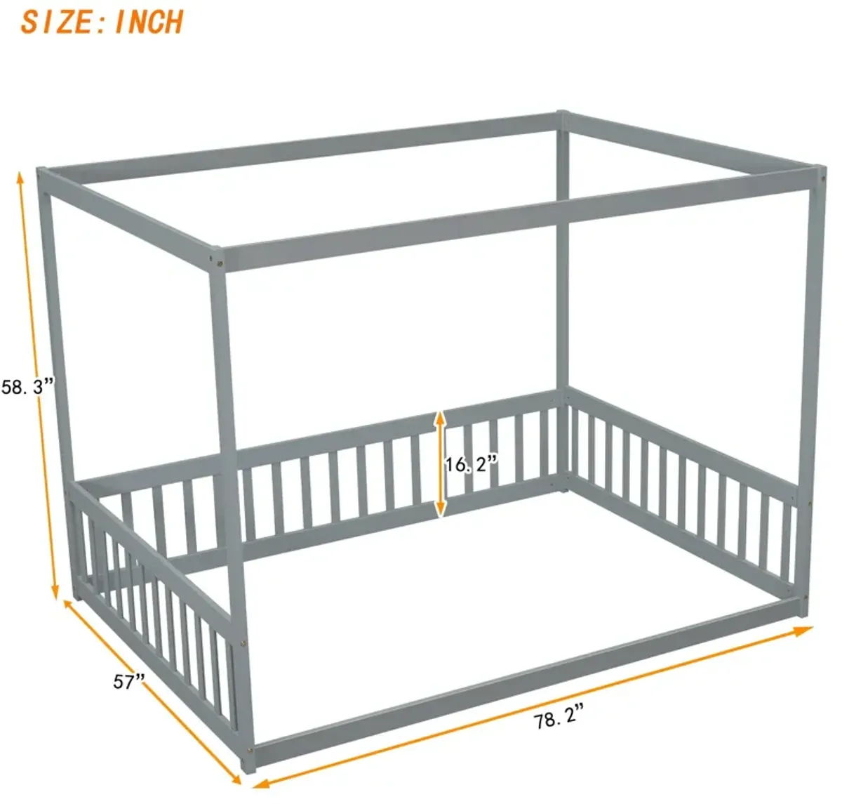 Canopy Frame Floor Bed With Fence, Guardrails