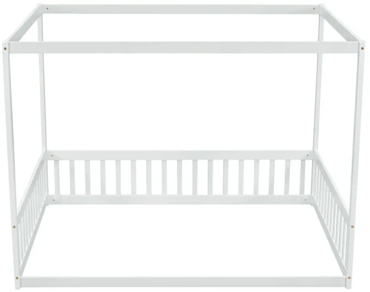 Canopy Frame Floor Bed With Fence, Guardrails