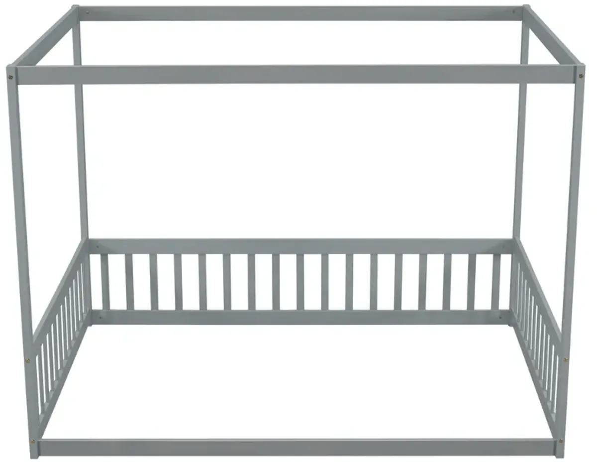 Canopy Frame Floor Bed With Fence, Guardrails