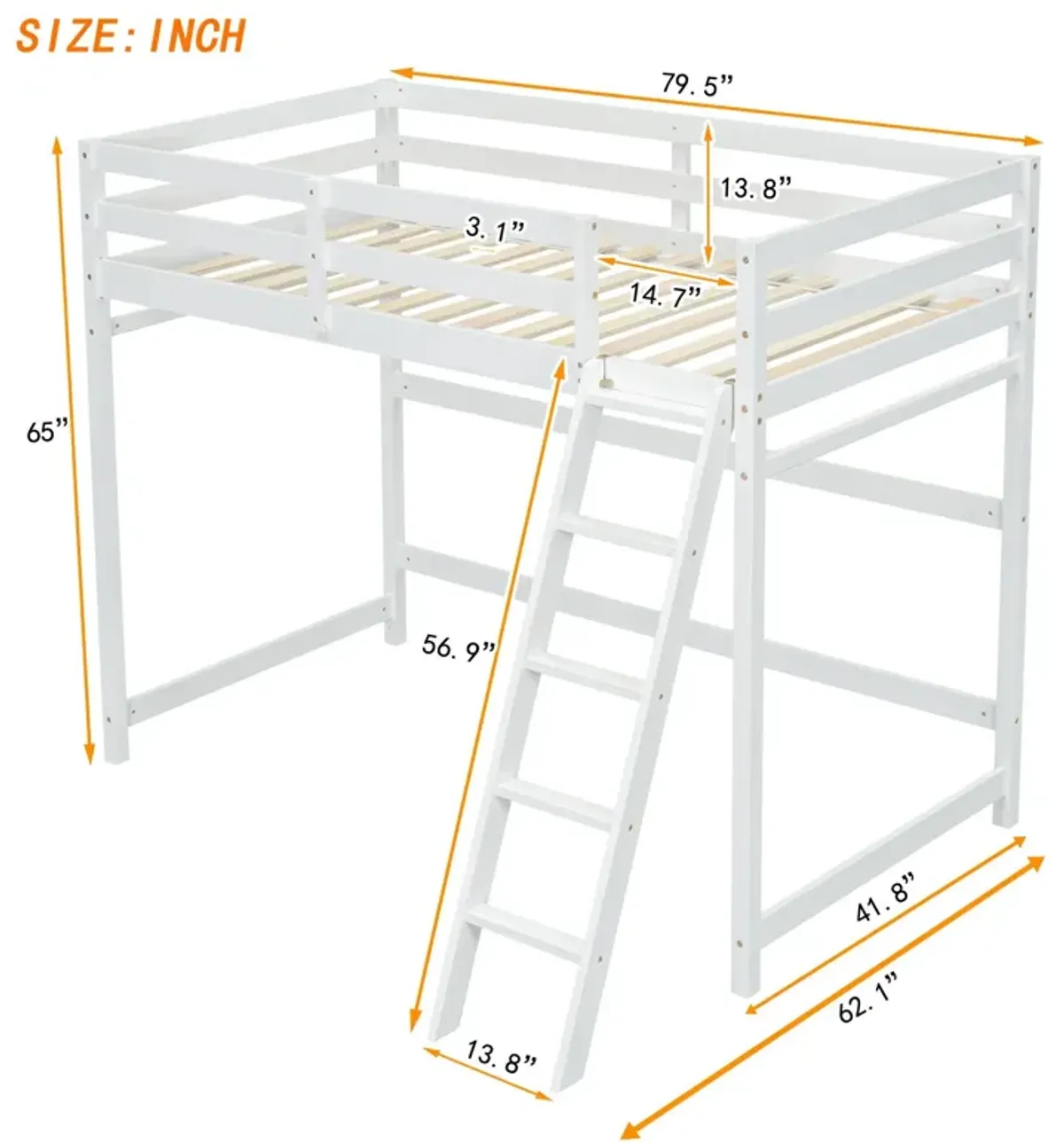 High Loft Bed With Inclined Ladder, Guardrails