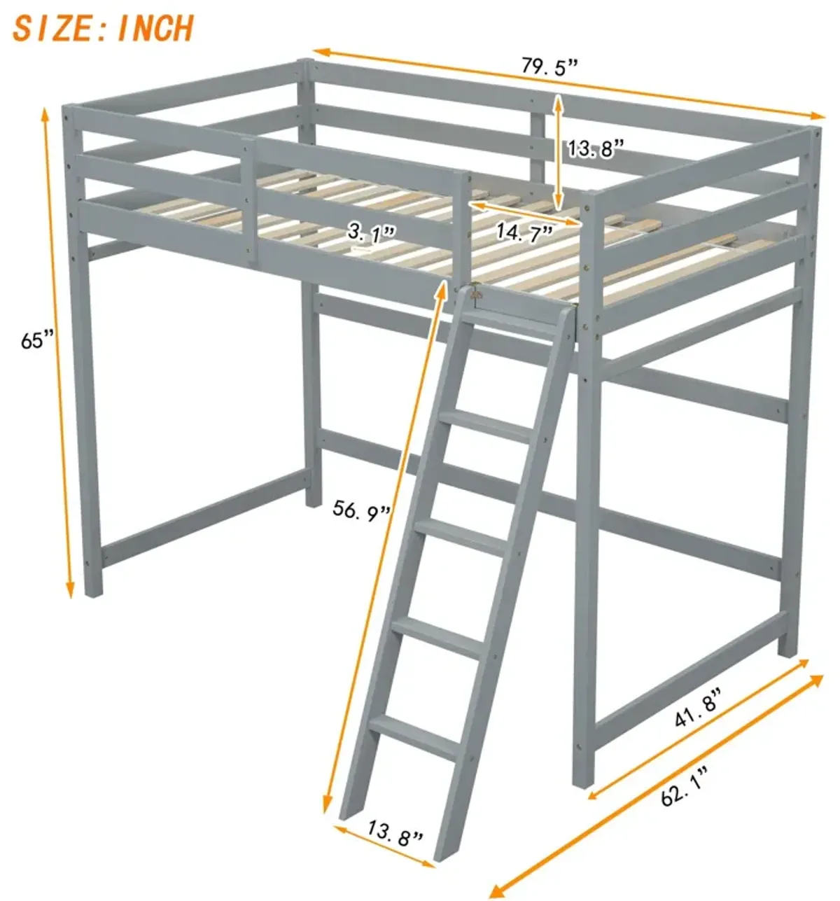 High Loft Bed With Inclined Ladder, Guardrails