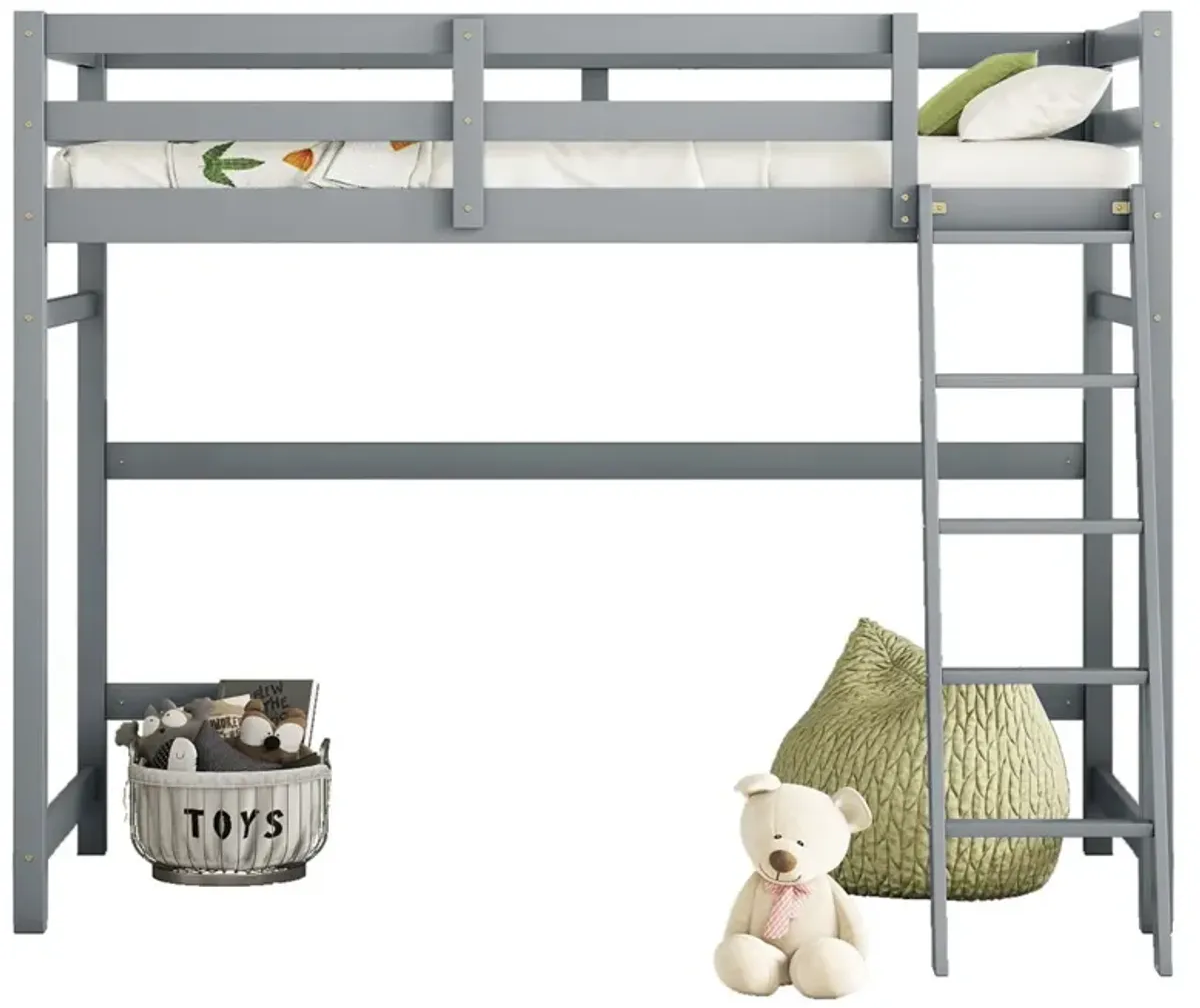 High Loft Bed With Inclined Ladder, Guardrails