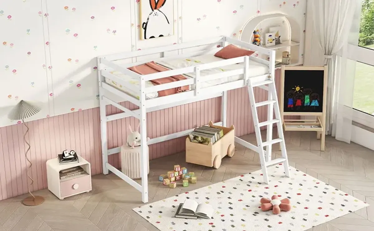 High Loft Bed With Inclined Ladder, Guardrails