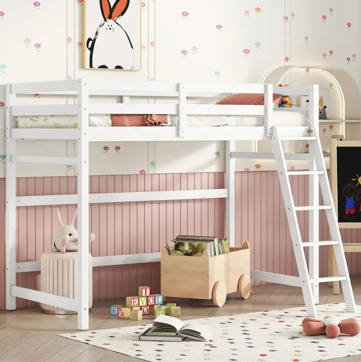 High Loft Bed With Inclined Ladder, Guardrails