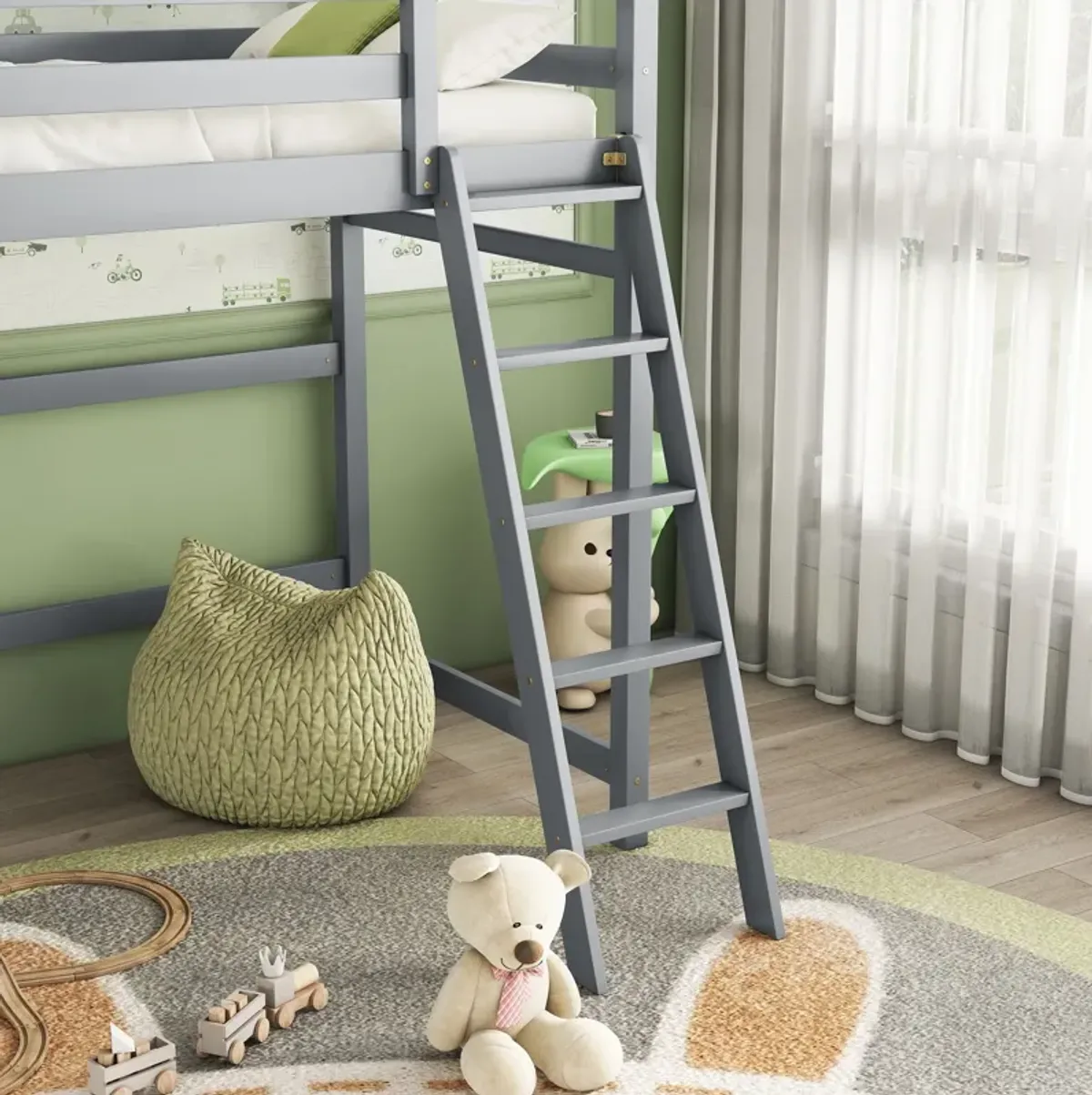 High Loft Bed With Inclined Ladder, Guardrails