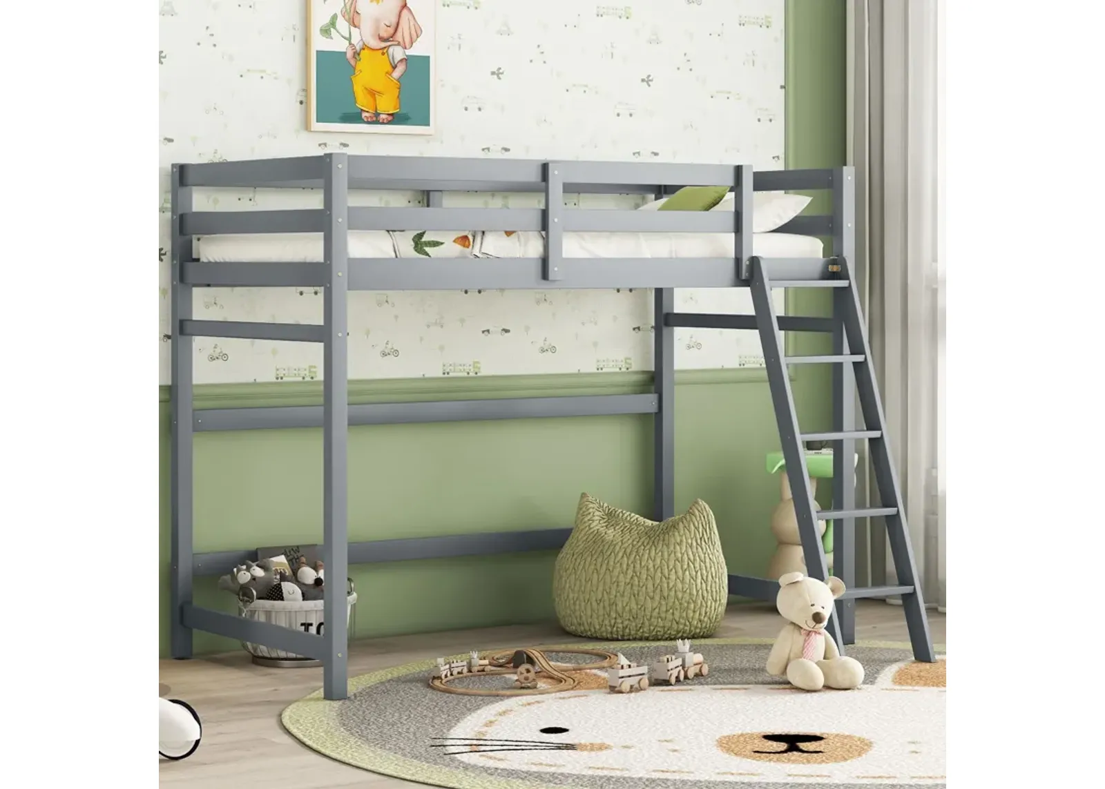 High Loft Bed With Inclined Ladder, Guardrails