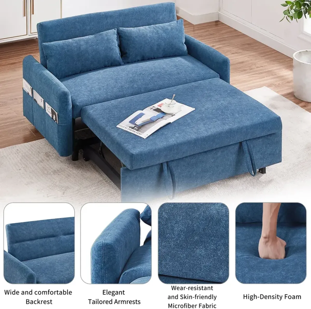 Pull Out Sleep Sofa Bed Loveseats Sofa Couch With Adjsutable Backrest, Storage Pockets, 2 Soft Pillows, USB Ports For Living Room