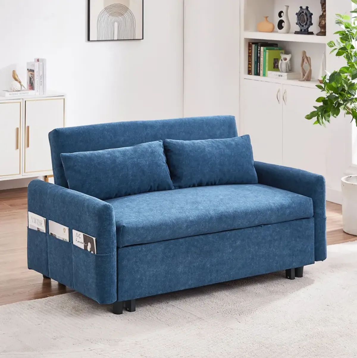 Pull Out Sleep Sofa Bed Loveseats Sofa Couch With Adjsutable Backrest, Storage Pockets, 2 Soft Pillows, USB Ports For Living Room