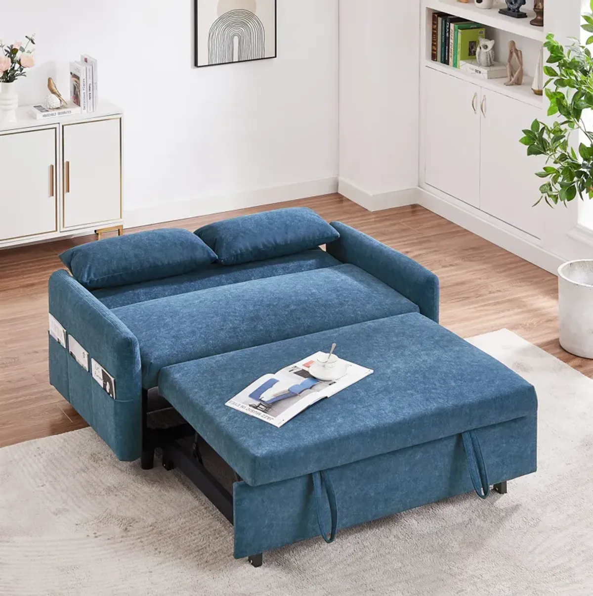 Pull Out Sleep Sofa Bed Loveseats Sofa Couch With Adjsutable Backrest, Storage Pockets, 2 Soft Pillows, USB Ports For Living Room