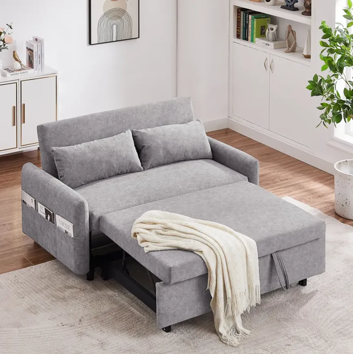 Pull Out Sleep Sofa Bed Loveseats Sofa Couch With Adjsutable Backrest, Storage Pockets, 2 Soft Pillows, USB Ports For Living Room