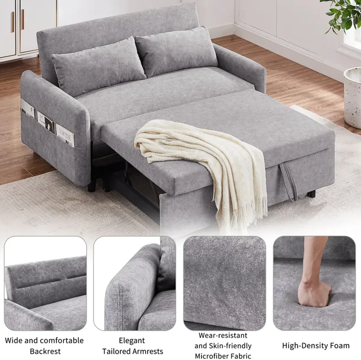 Pull Out Sleep Sofa Bed Loveseats Sofa Couch With Adjsutable Backrest, Storage Pockets, 2 Soft Pillows, USB Ports For Living Room