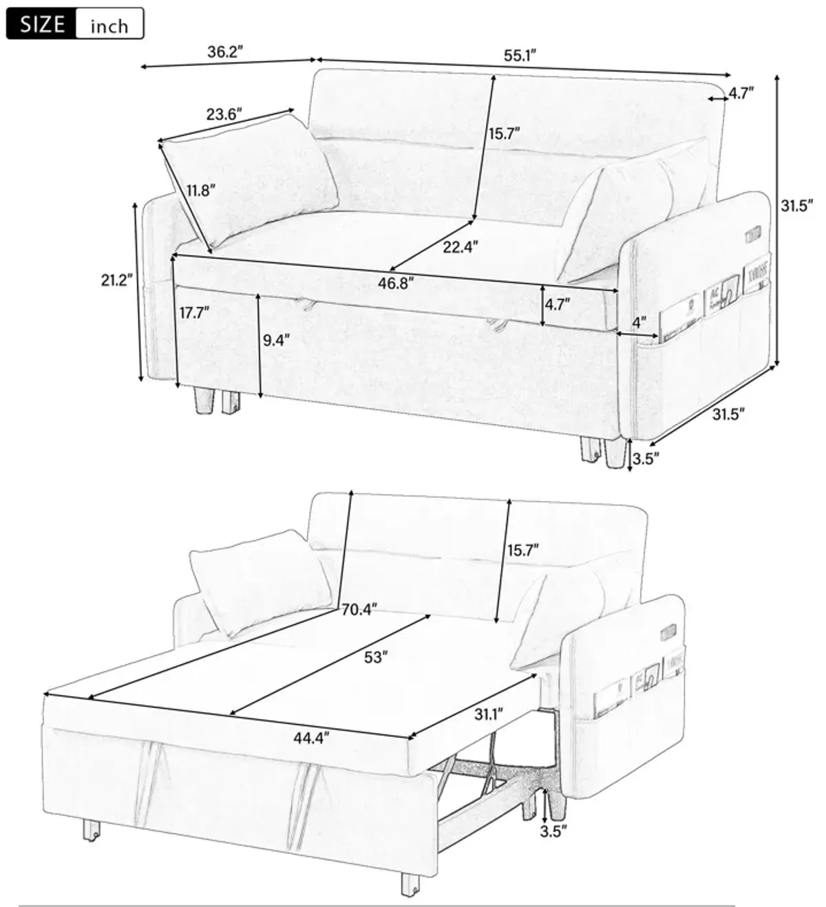 Pull Out Sleep Sofa Bed Loveseats Sofa Couch With Adjsutable Backrest, Storage Pockets, 2 Soft Pillows, USB Ports For Living Room