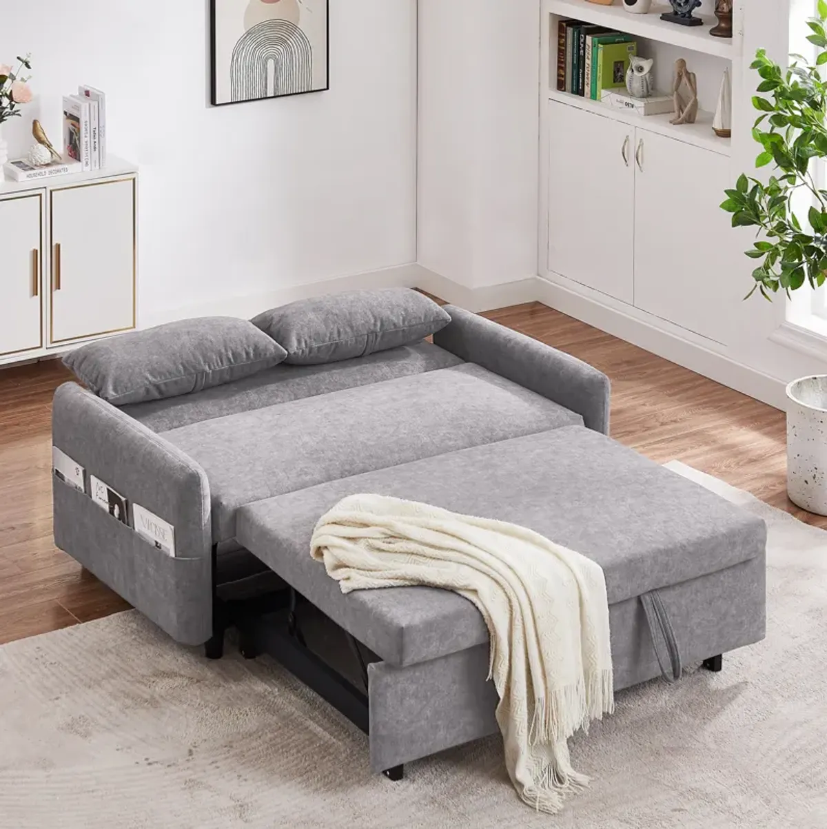 Pull Out Sleep Sofa Bed Loveseats Sofa Couch With Adjsutable Backrest, Storage Pockets, 2 Soft Pillows, USB Ports For Living Room