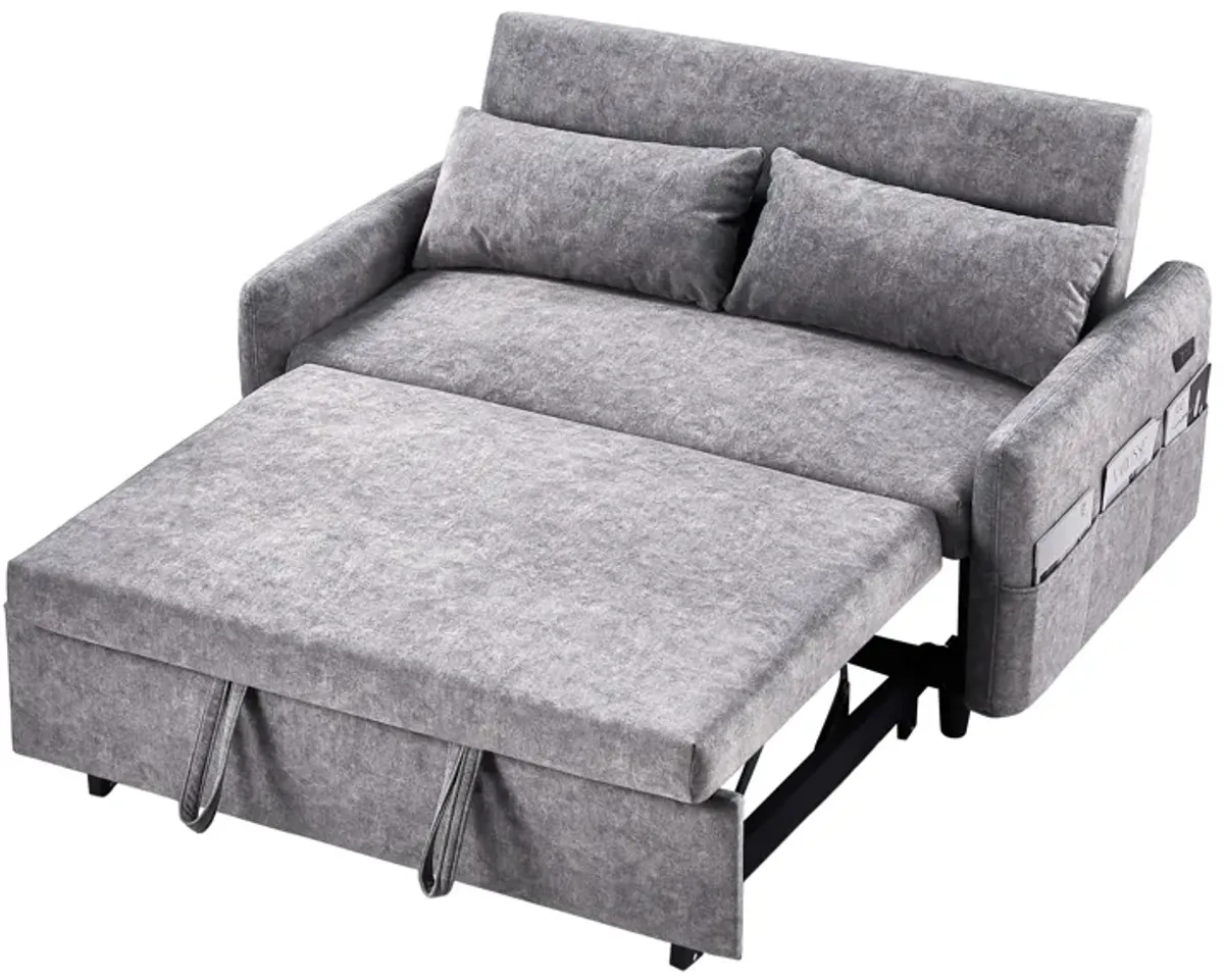 Pull Out Sleep Sofa Bed Loveseats Sofa Couch With Adjsutable Backrest, Storage Pockets, 2 Soft Pillows, USB Ports For Living Room