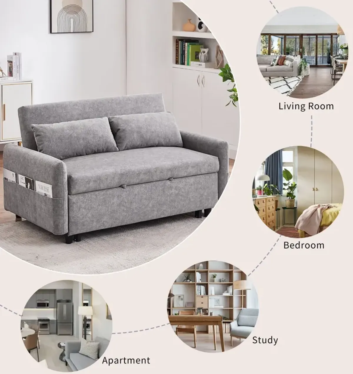 Pull Out Sleep Sofa Bed Loveseats Sofa Couch With Adjsutable Backrest, Storage Pockets, 2 Soft Pillows, USB Ports For Living Room