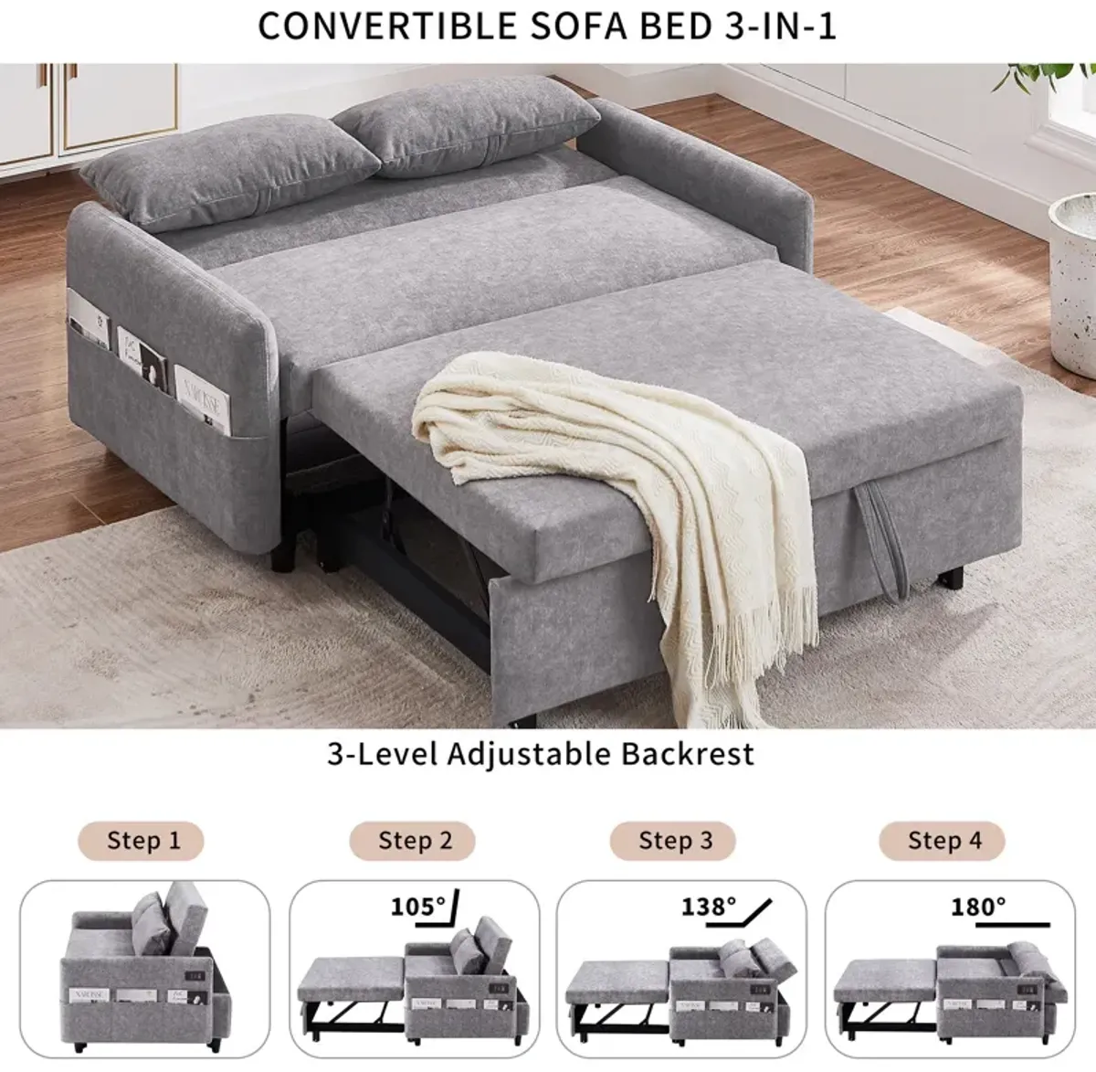 Pull Out Sleep Sofa Bed Loveseats Sofa Couch With Adjsutable Backrest, Storage Pockets, 2 Soft Pillows, USB Ports For Living Room