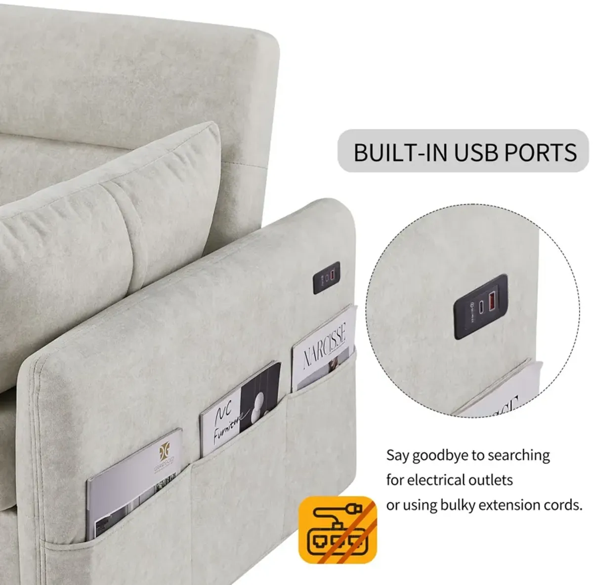 Pull Out Sleep Sofa Bed Loveseats Sofa Couch With Adjsutable Backrest, Storage Pockets, 2 Soft Pillows, USB Ports For Living Room