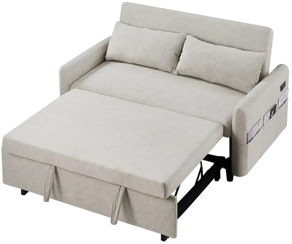 Pull Out Sleep Sofa Bed Loveseats Sofa Couch With Adjsutable Backrest, Storage Pockets, 2 Soft Pillows, USB Ports For Living Room