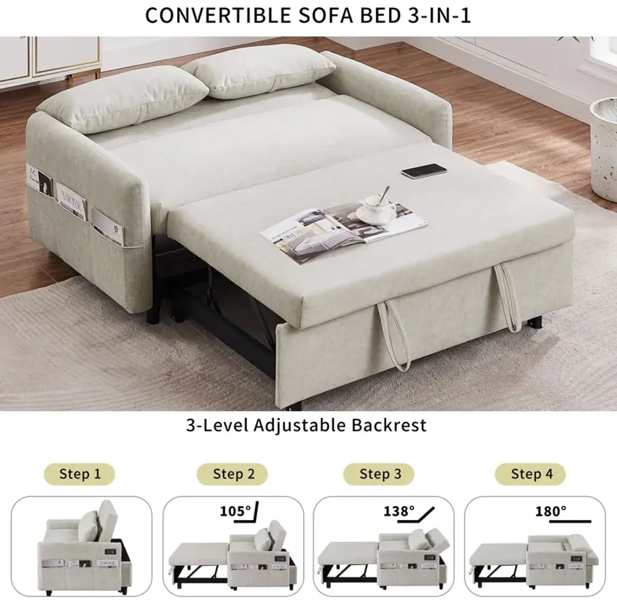 Pull Out Sleep Sofa Bed Loveseats Sofa Couch With Adjsutable Backrest, Storage Pockets, 2 Soft Pillows, USB Ports For Living Room